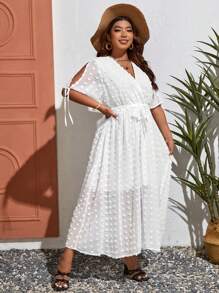 SHEIN VCAY Plus Swiss Dot Split Sleeve Belted Summer Dress - White - View 5