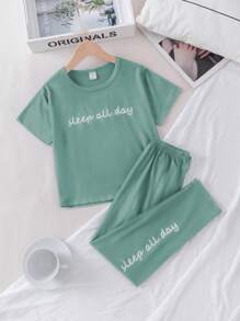 Girls Slogan Graphic Tee & Trousers PJ Set - Mint Green - View 1