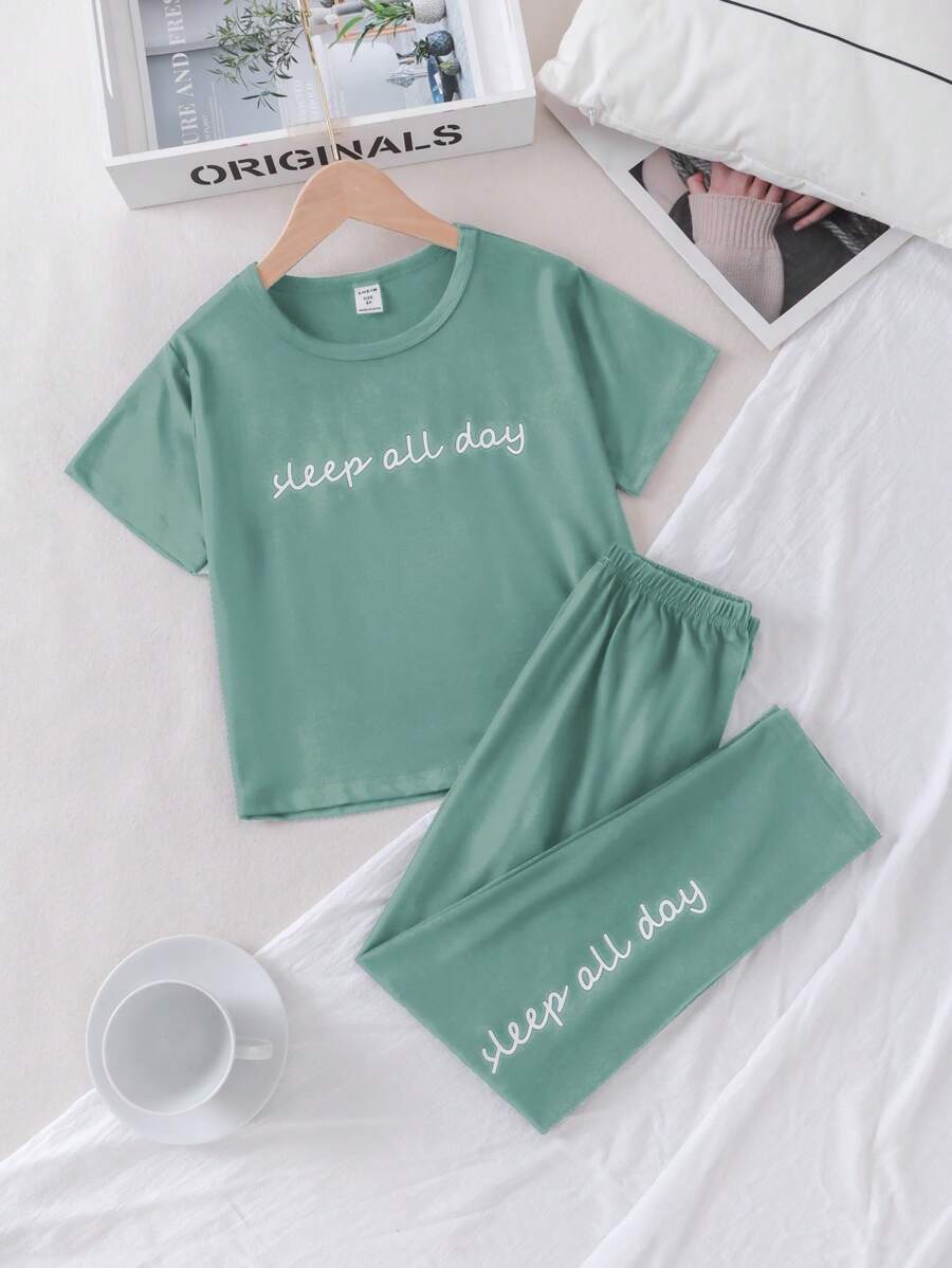 Girls Slogan Graphic Tee & Trousers PJ Set - Mint Green - View 1
