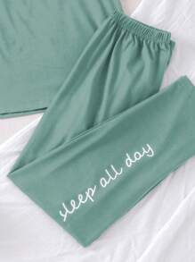 Girls Slogan Graphic Tee & Trousers PJ Set - Mint Green - View 4
