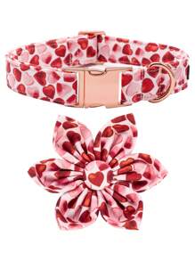 1pc Pet Collar With Heart Shaped Pattern And 1pc Flower - 酒紅色 - 查看 1