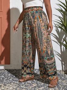SHEIN VCAY Plus Allover Print Paperbag Waist Summer Pants - Multicolor - View 6