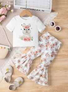 SHEIN Bebé conejo & con estampado floral Camiseta & Pantalones acampanados - Multicolor - Ver 1