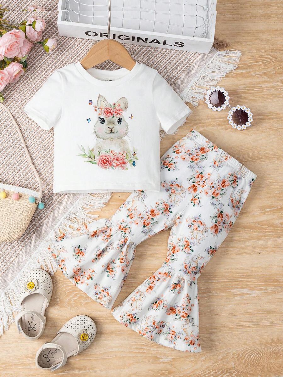 SHEIN Bebé conejo & con estampado floral Camiseta & Pantalones acampanados - Multicolor - Ver 1