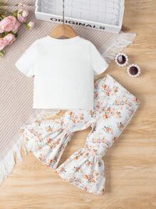 SHEIN Bebé conejo & con estampado floral Camiseta & Pantalones acampanados - Multicolor - Ver 2