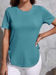SHEIN LUNE Button Detail Curved Hem Tee - Cadet Blue - View 3