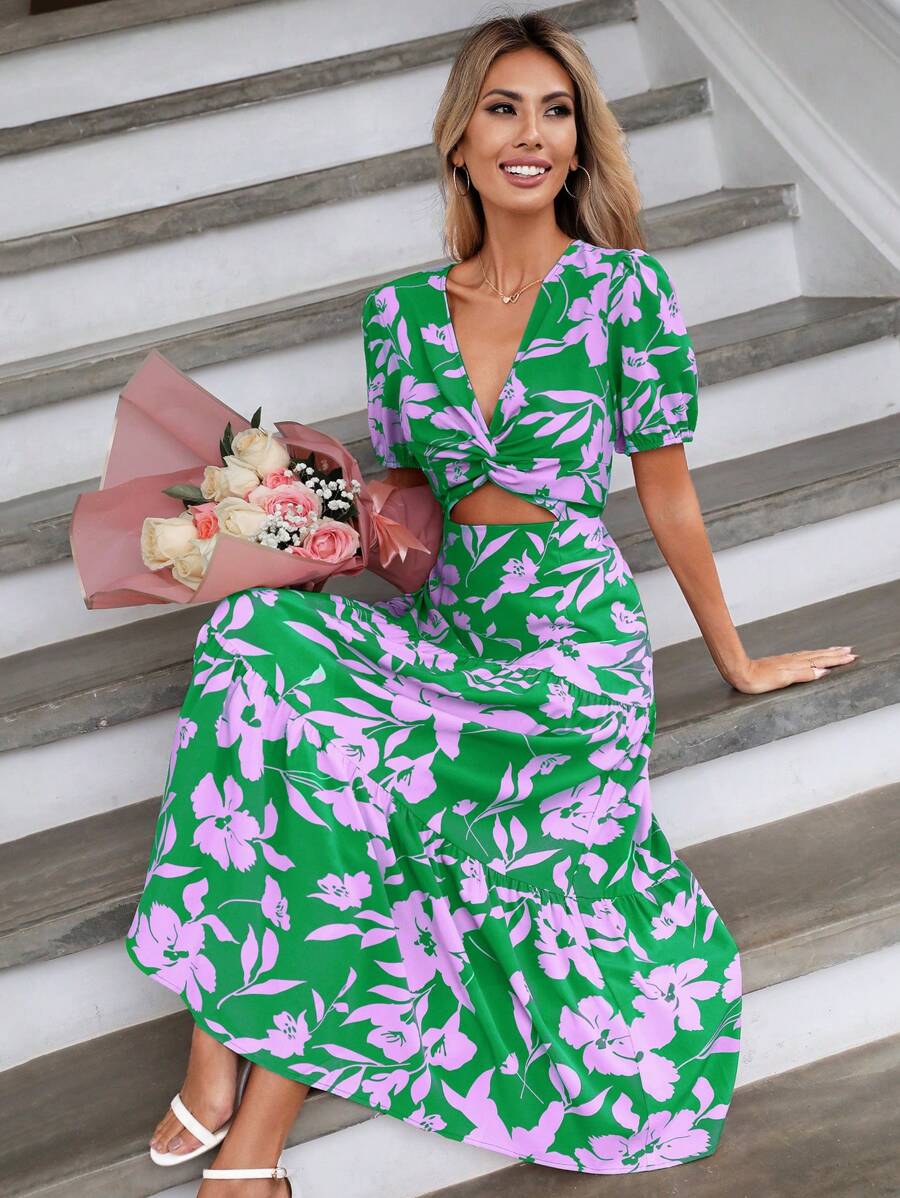 SHEIN LUNE 印花前鏤空荷葉邊連衣裙 - 彩色 - 查看 1