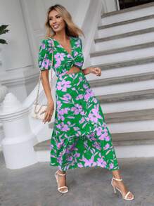 SHEIN LUNE 印花前鏤空荷葉邊連衣裙 - 彩色 - 查看 3