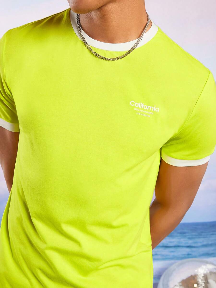 Manfinity RebelGame Men Letter Graphic Contrast Trim Tee - Lime Green - View 1