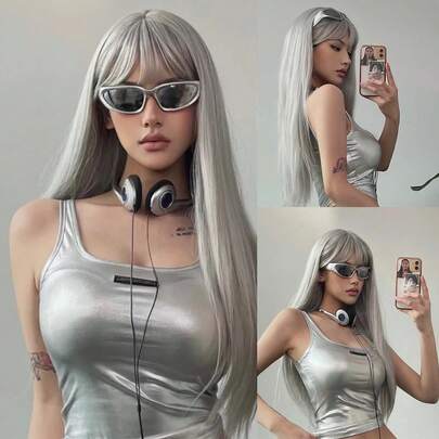 Bạc 26 Inch Dài Thẳng Tổng Hợp Tóc Giả Với Bangs Cho Đảng Hàng Ngày, lolita Cosplay Tóc Với Nổ