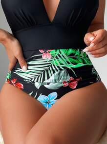 SHEIN Swim Tropical Print Halter One Piece Swimsuit - Multicolor - View 3