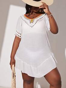 SHEIN Swim Curve Plus Crochet Detail Ruffle Hem Cover Up Dress - White - View 6