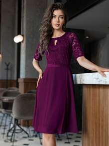 MIUSOL 鎖眼領口上身蕾絲連衣裙 - 中紫紅色 - 查看 1