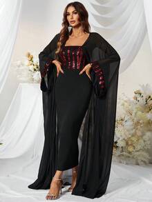 YISIKADO Đầm ghép mộng kim sa Sọc Buổi tiệc - Màu Đỏ Sâu - Xem 7