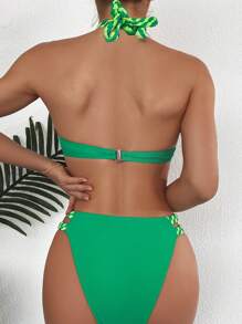 SHEIN Swim 夏季海灘色塊露肩平口手扣连衣裙 - 綠色 - 查看 3