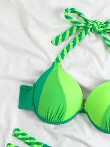 SHEIN Swim 夏季海灘色塊露肩平口手扣连衣裙 - 綠色 - 查看 4