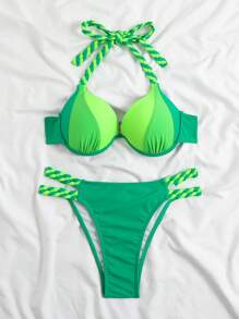 SHEIN Swim 夏季海灘色塊露肩平口手扣连衣裙 - 綠色 - 查看 5