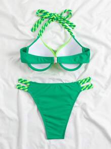 SHEIN Swim 夏季海灘色塊露肩平口手扣连衣裙 - 綠色 - 查看 6