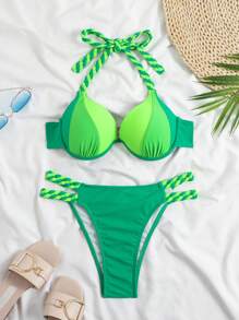 SHEIN Swim 夏季海灘色塊露肩平口手扣连衣裙 - 綠色 - 查看 8
