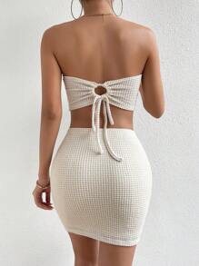 Rafferiza 華夫格編織前打結抹胸上衣和包臀半身裙