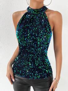 Zolique Keyhole Back Sequin Halter Top - Dark Green - View 4