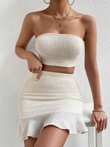 SHEIN Frenchy Bộ đồ hai mảnh nữ Viên lá sen màu trơn Gợi cảm - Màu be - Xem 5