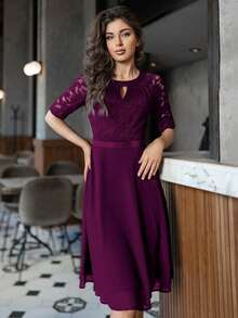 MIUSOL 鎖眼領口上身蕾絲連衣裙 - 中紫紅色 - 查看 3