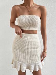 SHEIN Frenchy Bộ đồ hai mảnh nữ Viên lá sen màu trơn Gợi cảm - Màu be - Xem 7