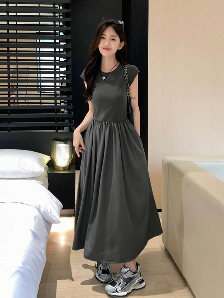 Solid Cap Sleeve Flared Dress - Dark Grey - View 1