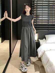 Solid Cap Sleeve Flared Dress - Dark Grey - View 3