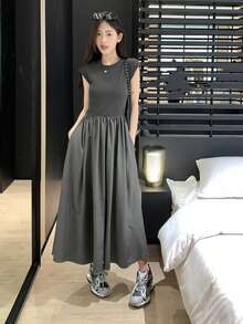 Solid Cap Sleeve Flared Dress - Dark Grey - View 4