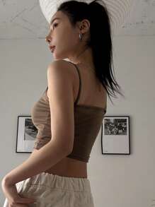 DAZY Contrast Binding Crop Cami Top Sexy Women Tops - Coffee Brown - View 2
