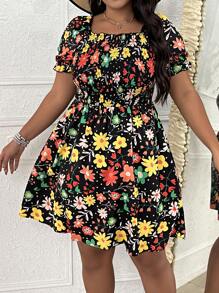 SHEIN LUNE Đầm Plus Size viền lá sen Dải chun Hoa Tất cả trên in Boho - Nhiều màu - Xem 4