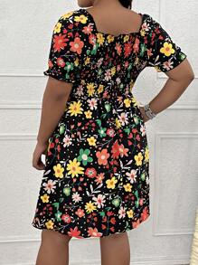 SHEIN LUNE Đầm Plus Size viền lá sen Dải chun Hoa Tất cả trên in Boho - Nhiều màu - Xem 2