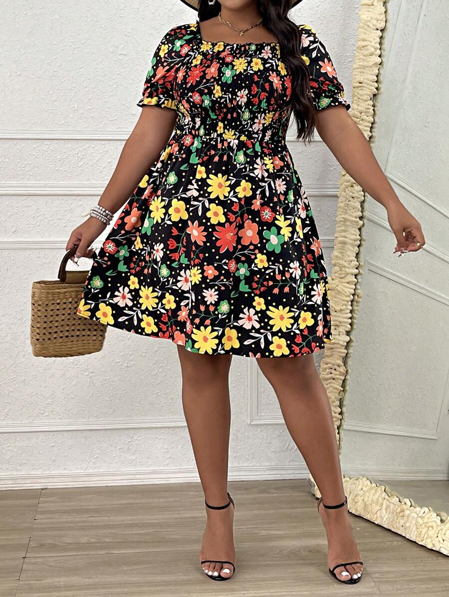 SHEIN LUNE Đầm Plus Size viền lá sen Dải chun Hoa Tất cả trên in Boho - Nhiều màu - Xem 1