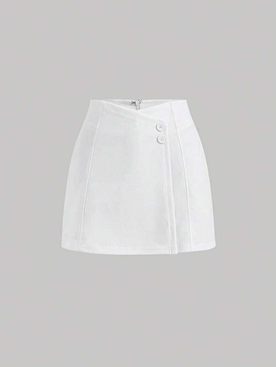 SHEIN MOD 素色前紐扣裙裤 - 白色 - 查看 1
