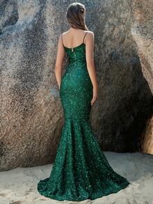 Đầm Lộ Lưng Dây kéo màu trơn Buổi tiệc - Màu xanh lá cây đậm - Xem 3