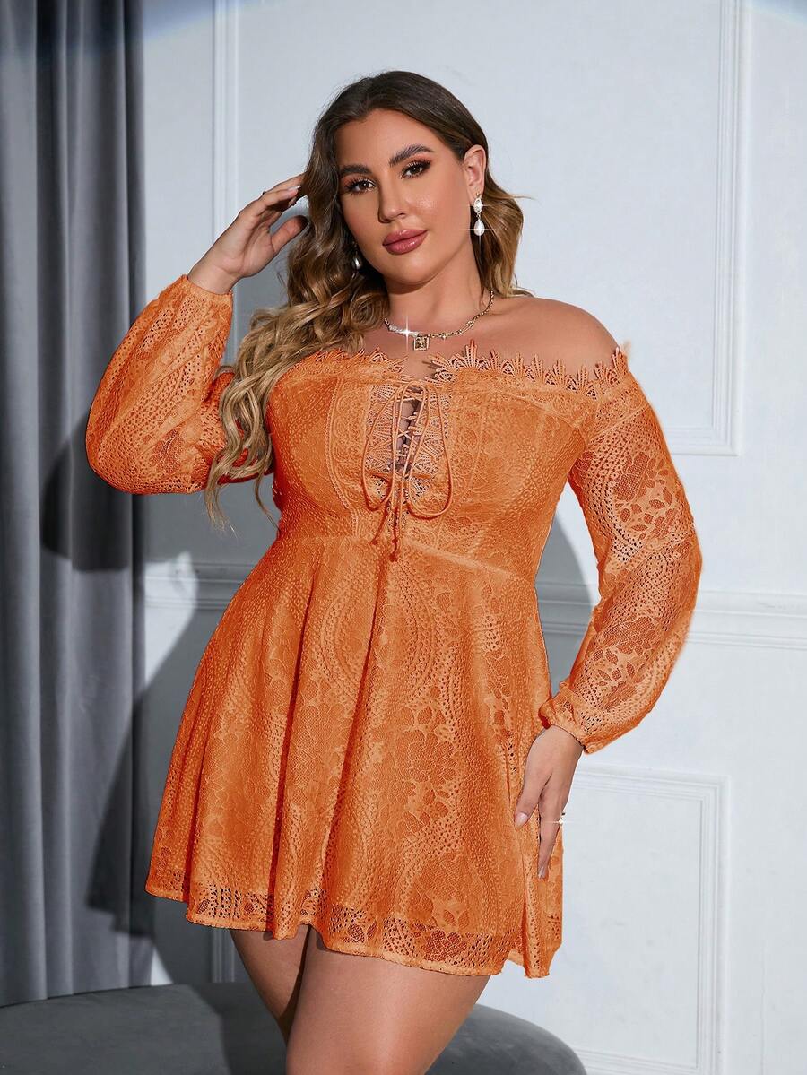 Double Crazy Váy dạ hội trễ vai rộng rãi màu trơn thanh lịch cỡ lớn không tay ren quấn chéo mùa hè cho nữ - trái cam - Xem 1