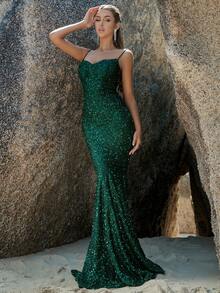 Đầm Lộ Lưng Dây kéo màu trơn Buổi tiệc - Màu xanh lá cây đậm - Xem 5