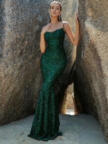 Đầm Lộ Lưng Dây kéo màu trơn Buổi tiệc - Màu xanh lá cây đậm - Xem 1