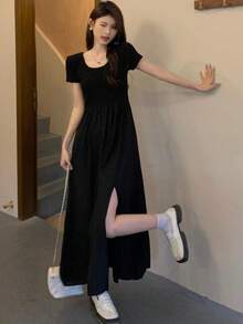 Solid Slit Hem A-line Dress - Black - View 3