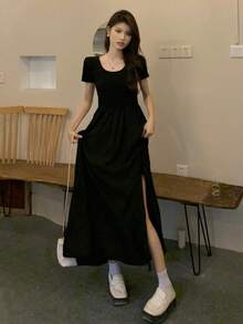 Solid Slit Hem A-line Dress - Black - View 4