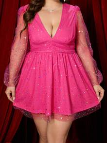 Double Crazy 大碼深V領燈籠袖亮片網紗洋裝 - 玫紅色 - 查看 5