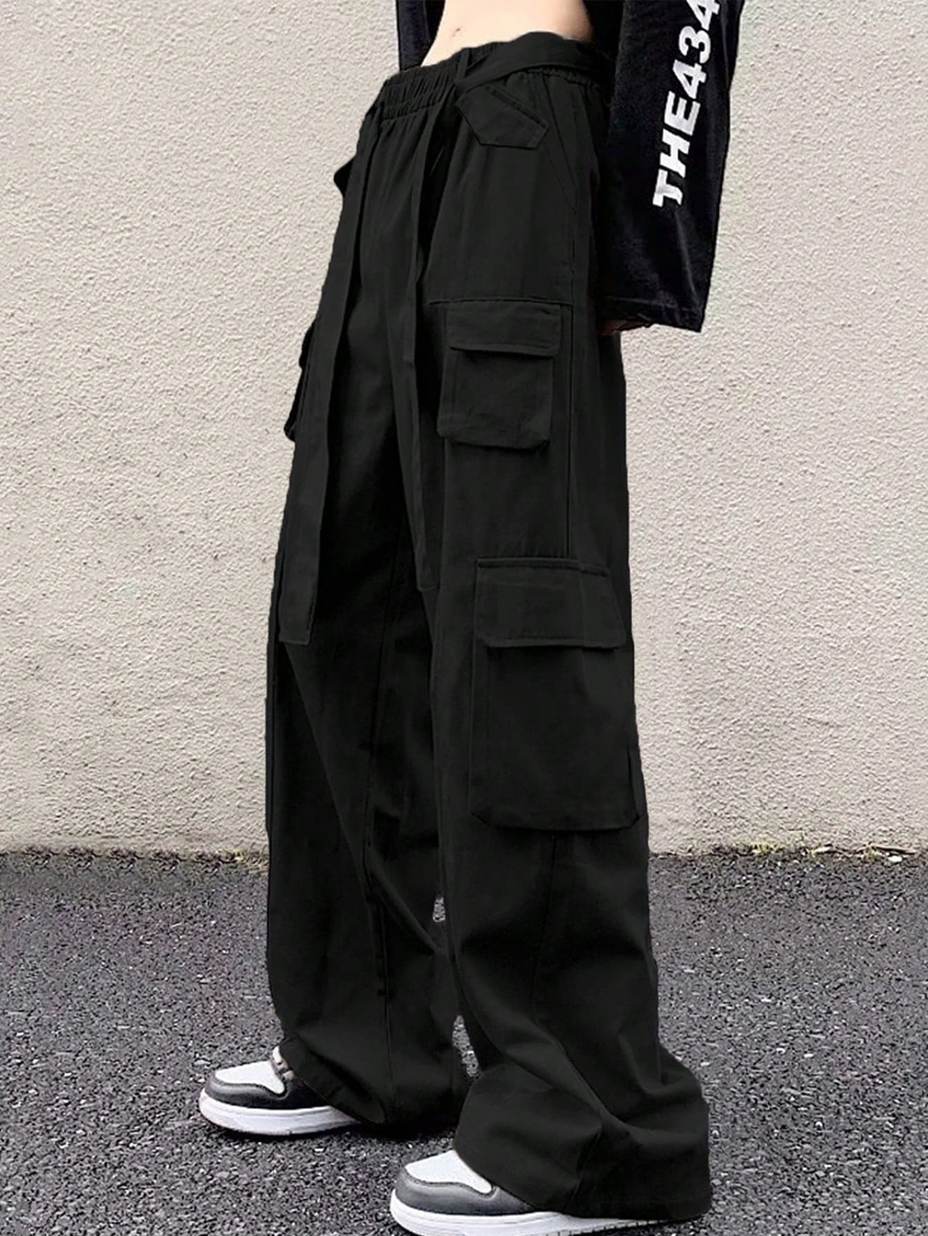 ★COOR★ Diagonal Flap Pocket Pants (Black) Floleo Men's Big Tall Cotton Drawstring Elastic Waist Cargo