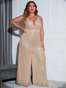 Double Crazy Jumpsuits Plus Size Lộ Lưng Dây kéo màu trơn Hấp dẫn - Rượu sâm banh - Xem 3