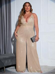 Double Crazy Jumpsuits Plus Size Lộ Lưng Dây kéo màu trơn Hấp dẫn - Rượu sâm banh - Xem 6