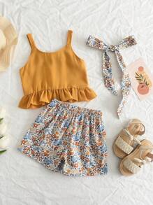 Top De Tirantes Con Dobladillo De Volantes Y Pantalones Cortos Con Estampado Floral Para Niña