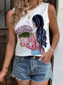 SHEIN LUNE 人像圖案背心上衣 - 白色 - 查看 4