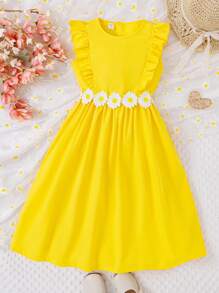 Tween Girl Appliques Ruffle Trim Dress - Yellow - View 3