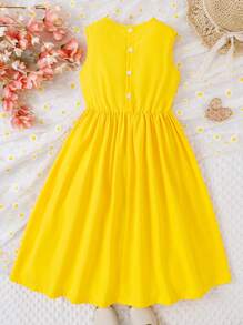 Tween Girl Appliques Ruffle Trim Dress - Yellow - View 2